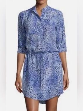 Rebecca Taylor Silk Blue Leopard Fever Tab Sleeve Shirt  Dress Size 2 EUC